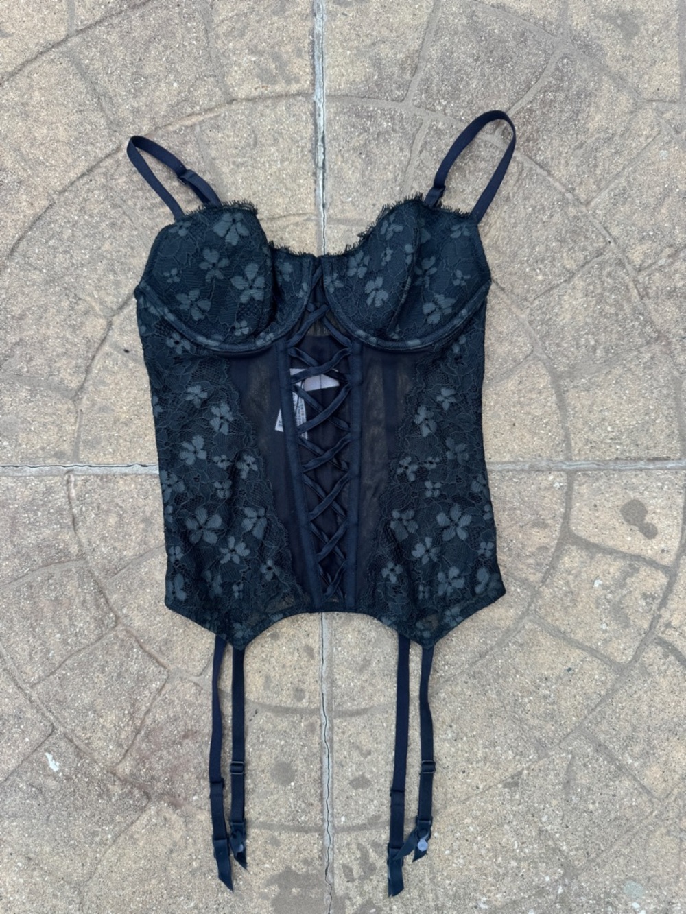 Victoria's Secret Black Lace Corset Bodysuit with Garter Straps